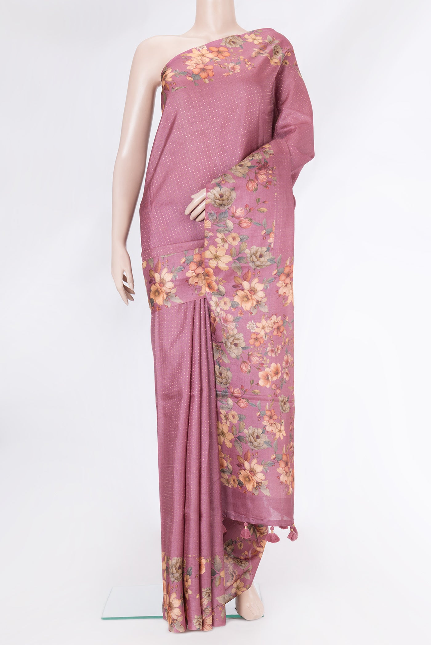 Pink Dual Tone Tussar Silk Saree with Stripes on the body and Fancy Border.  displayed on a mannequin