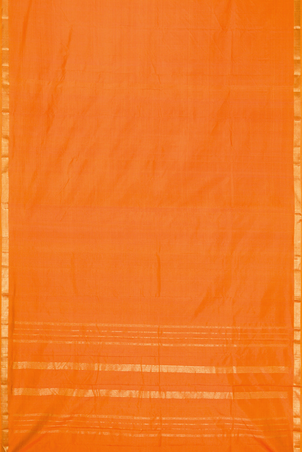 Orange Dual Tone Kanchipuram Silk Saree with Plain Body and Zari Border.  displayed on a mannequin