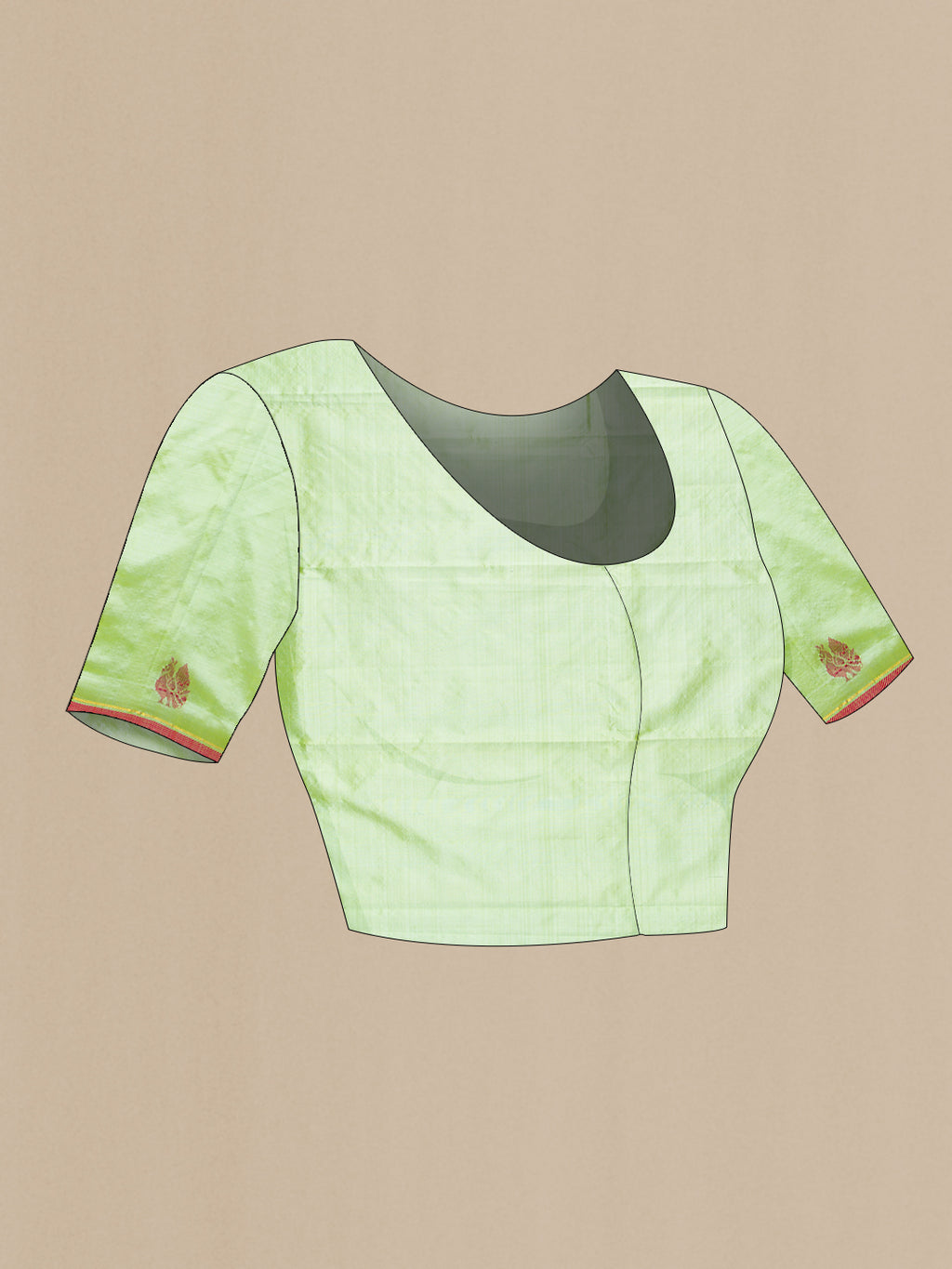 Close up image of the blouse of Light Green Kanchipuram Silk Saree with Plain Body and Thread Border. 