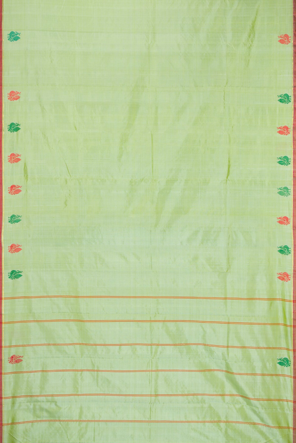 Light Green Kanchipuram Silk Saree with Plain Body and Thread Border.  displayed on a mannequin