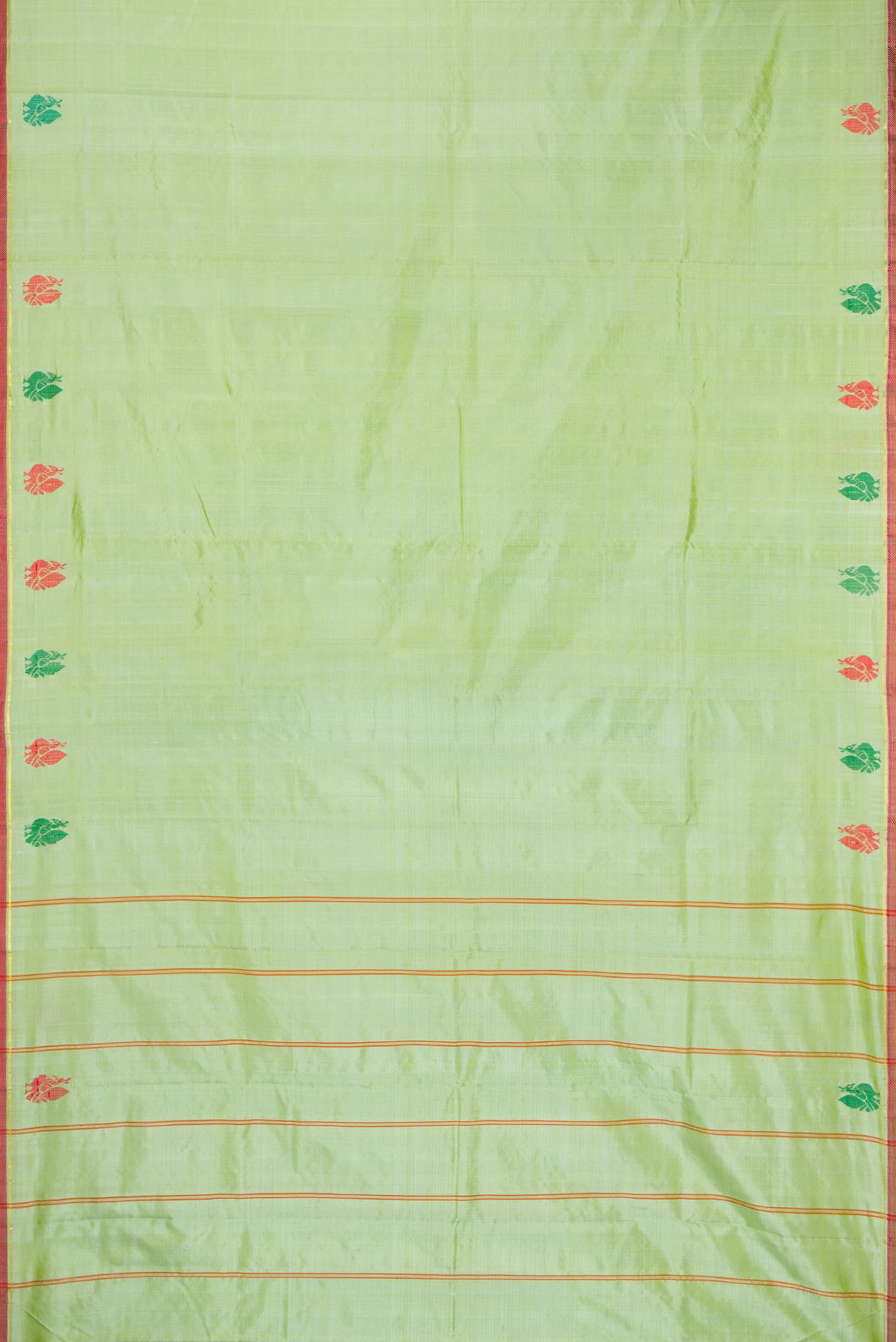 Flat view of Light Green Kanchipuram Silk Saree with Plain Body and Thread Border. 
