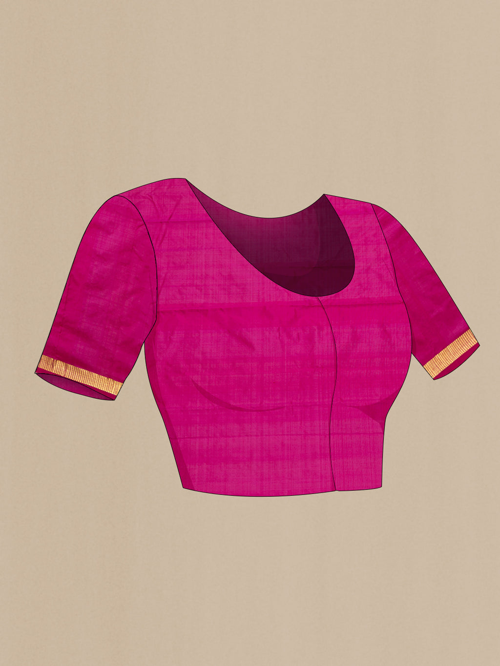 Close up image of the blouse of Magenta Kanchipuram Silk Saree with Plain Body and Zari Border. 