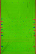 Green Dual Tone Kanchipuram Silk Nine Yards Saree with Thread Butta on the body and Thread Border.  displayed on a mannequin