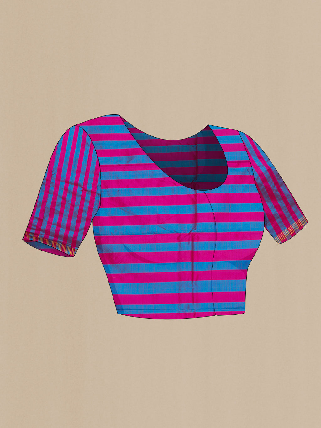 Close up image of the blouse of Multi Color Kanchipuram Silk Saree with Stripes on the body and Zari Border. 