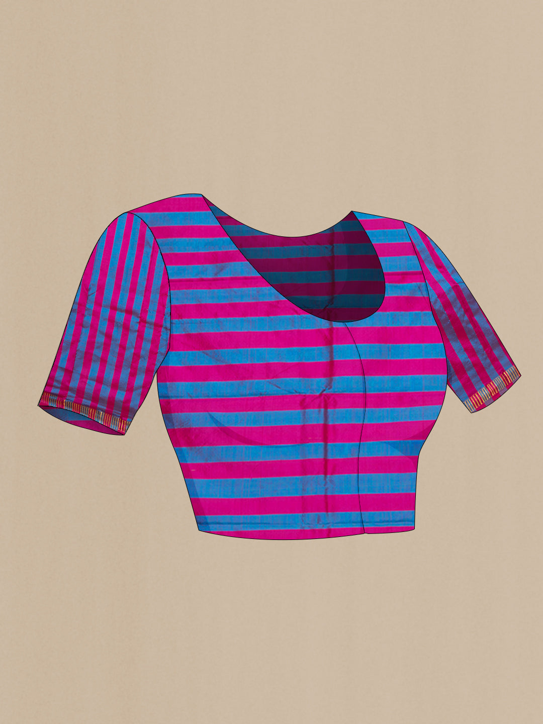 Close up image of the blouse of Multi Color Kanchipuram Silk Saree with Stripes on the body and Zari Border. 