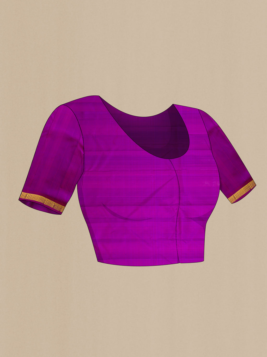 Close up image of the blouse of Purple and Brick Orange Color Kanchipuram Silk Saree with Stripes on the body and Zari Border. 