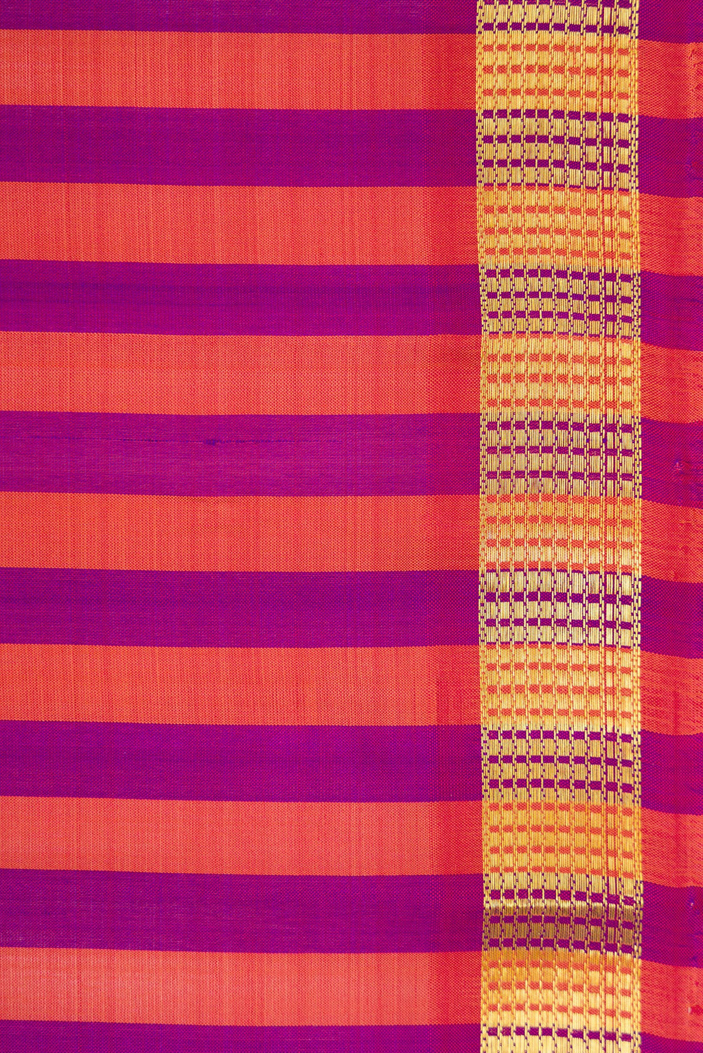 Border image of Purple and Brick Orange Color Kanchipuram Silk Saree with Stripes on the body and Zari Border. 