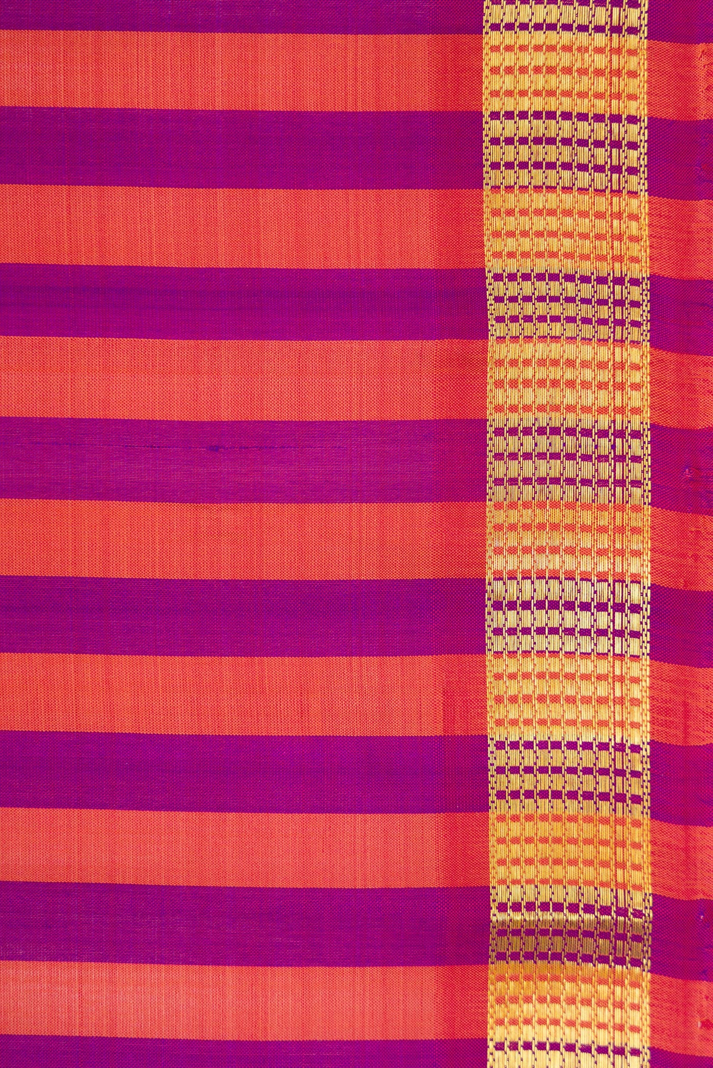 Border image of Purple and Brick Orange Color Kanchipuram Silk Saree with Stripes on the body and Zari Border. 