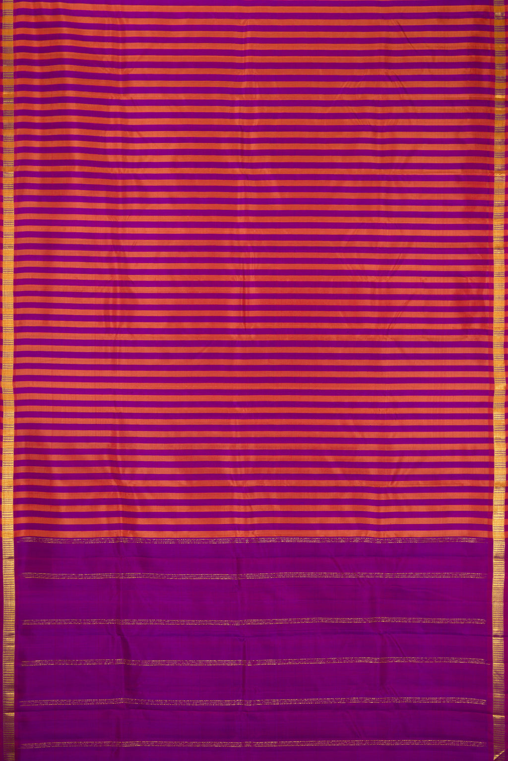 Flat view of Purple and Brick Orange Color Kanchipuram Silk Saree with Stripes on the body and Zari Border. 