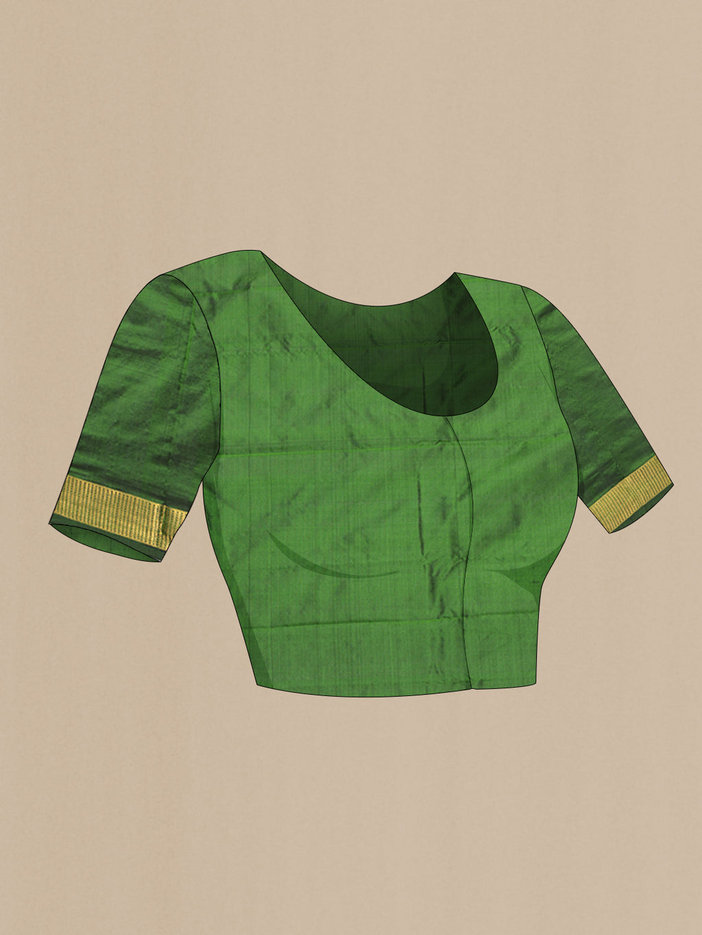 Close up image of the blouse of Mehandi Green Kanjivaram Silk Saree with Plain Body and Zari Border. 