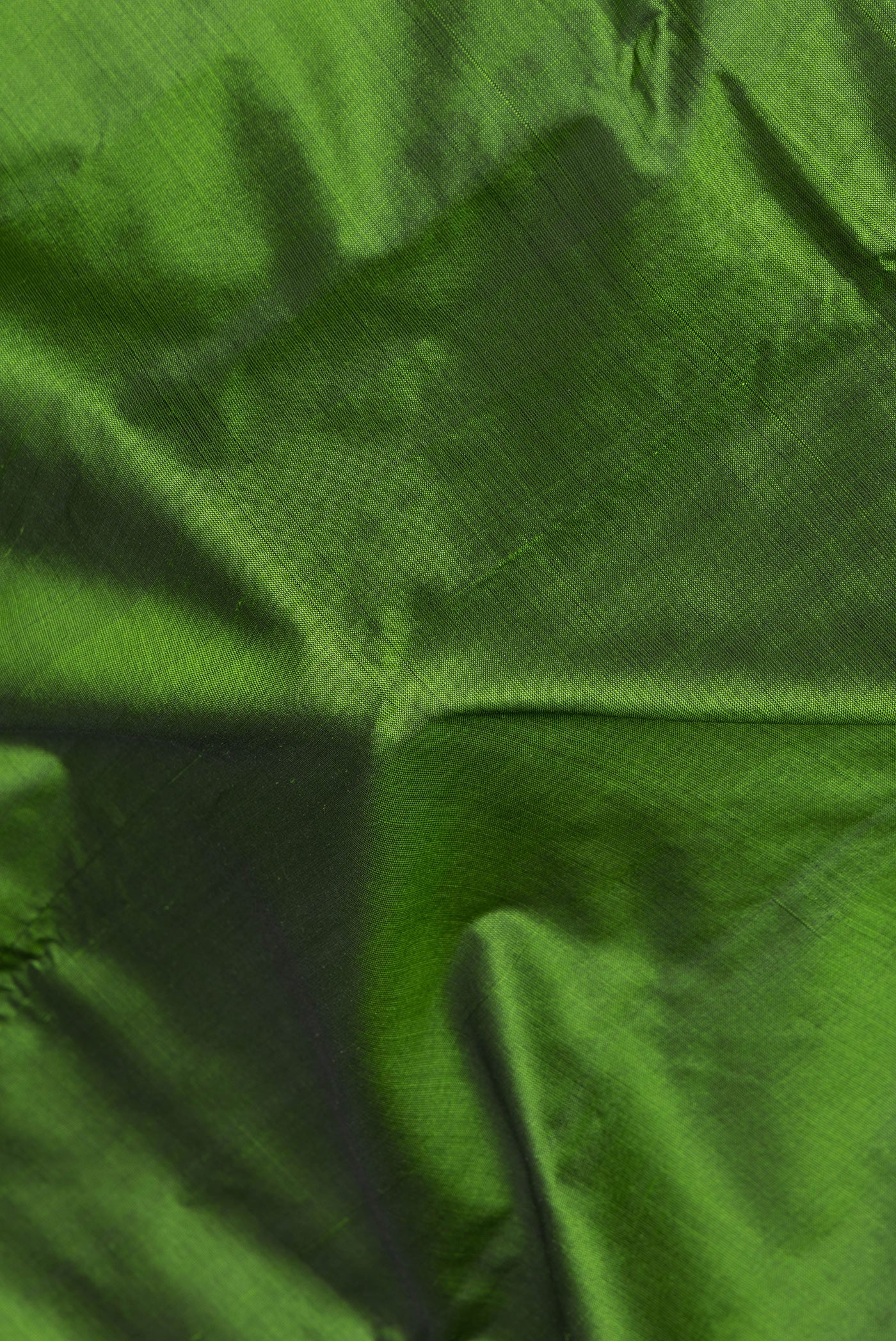 Close up of Mehandi Green Kanjivaram Silk Saree with Plain Body and Zari Border.  displaying folds
