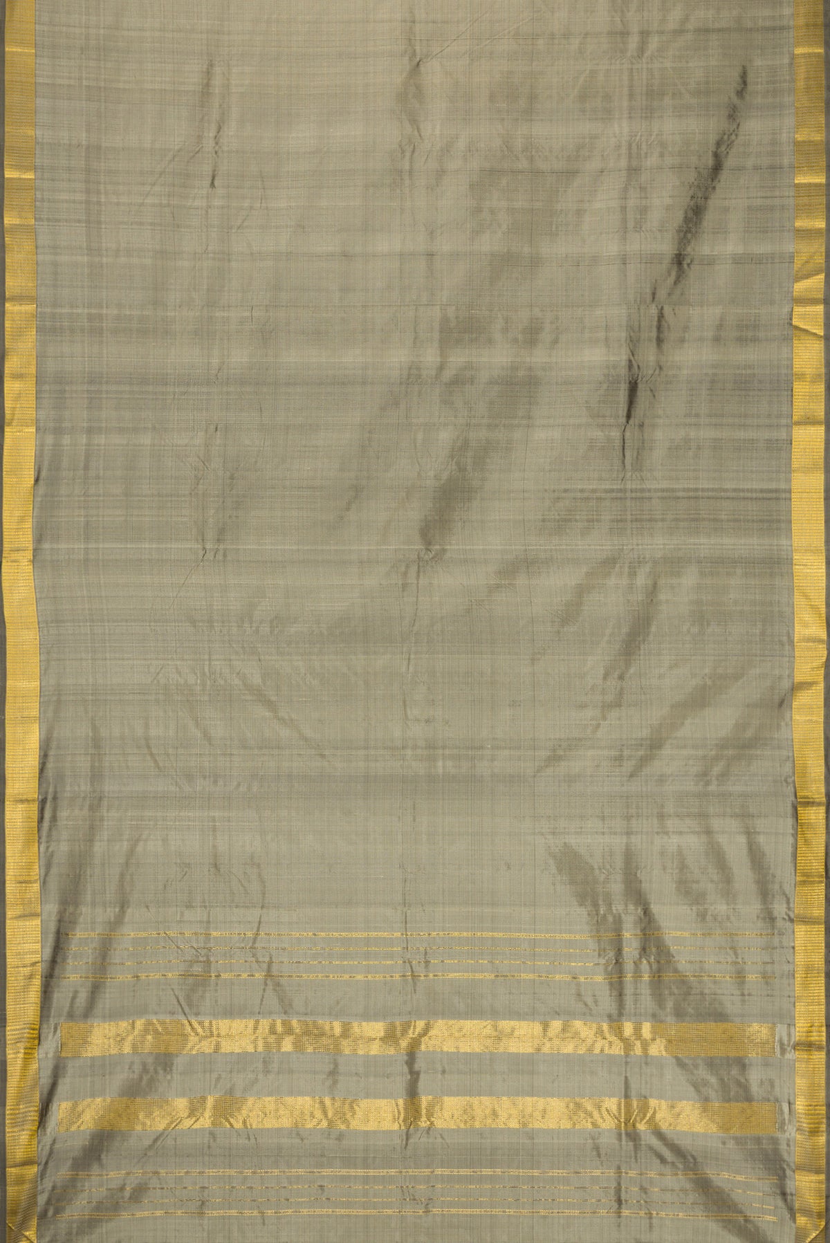 Flat view of Grey Dual Tone Kanjivaram Silk Saree with Plain Body and Zari Border. 