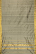 Grey Dual Tone Kanjivaram Silk Saree with Plain Body and Zari Border.  displayed on a mannequin