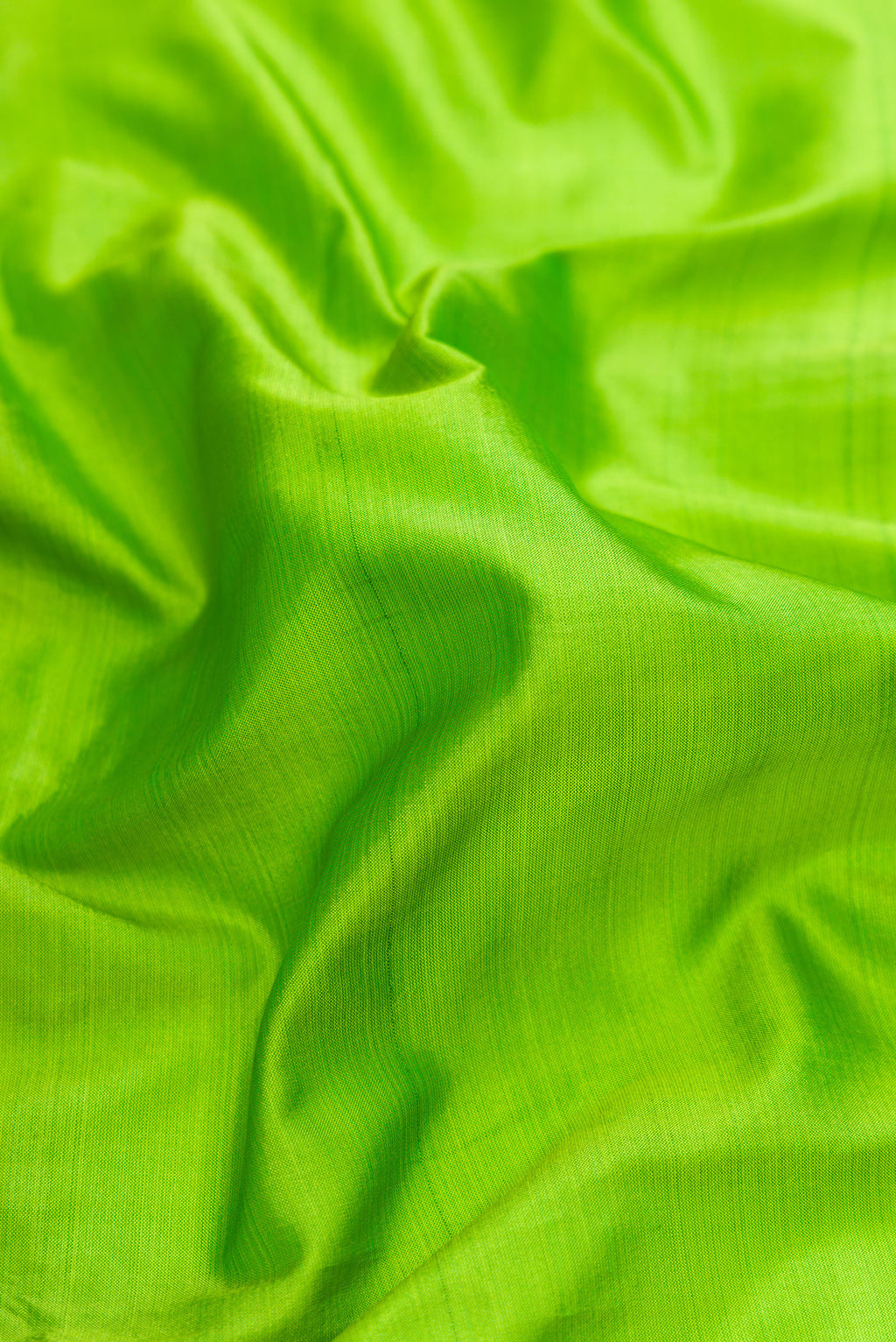 Close up of Parrot Green Kanchipuram Silk Saree with Plain Body and Thread Border.  displaying folds