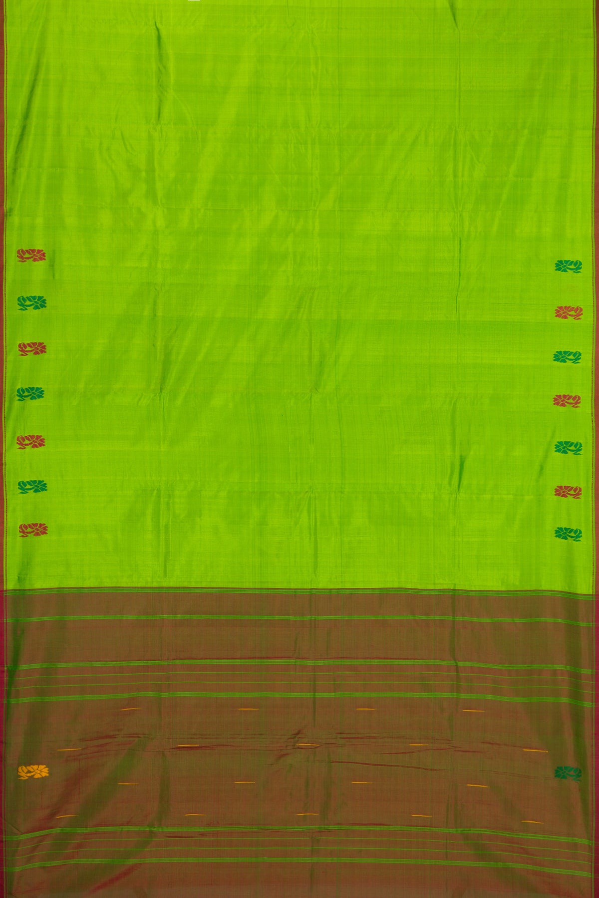 Parrot Green Kanchipuram Silk Saree with Plain Body and Thread Border.  displayed on a mannequin
