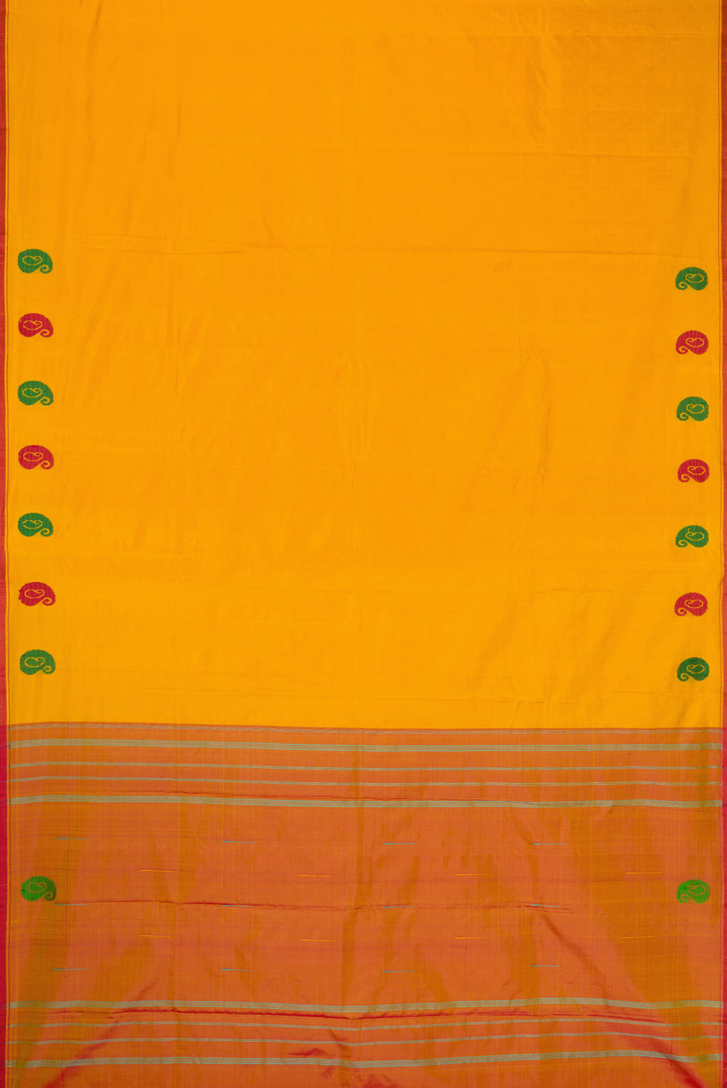 Yellow Dual Tone Kanchipuram Silk Nine Yards Saree with Thread Butta on the body and Thread Border.  displayed on a mannequin