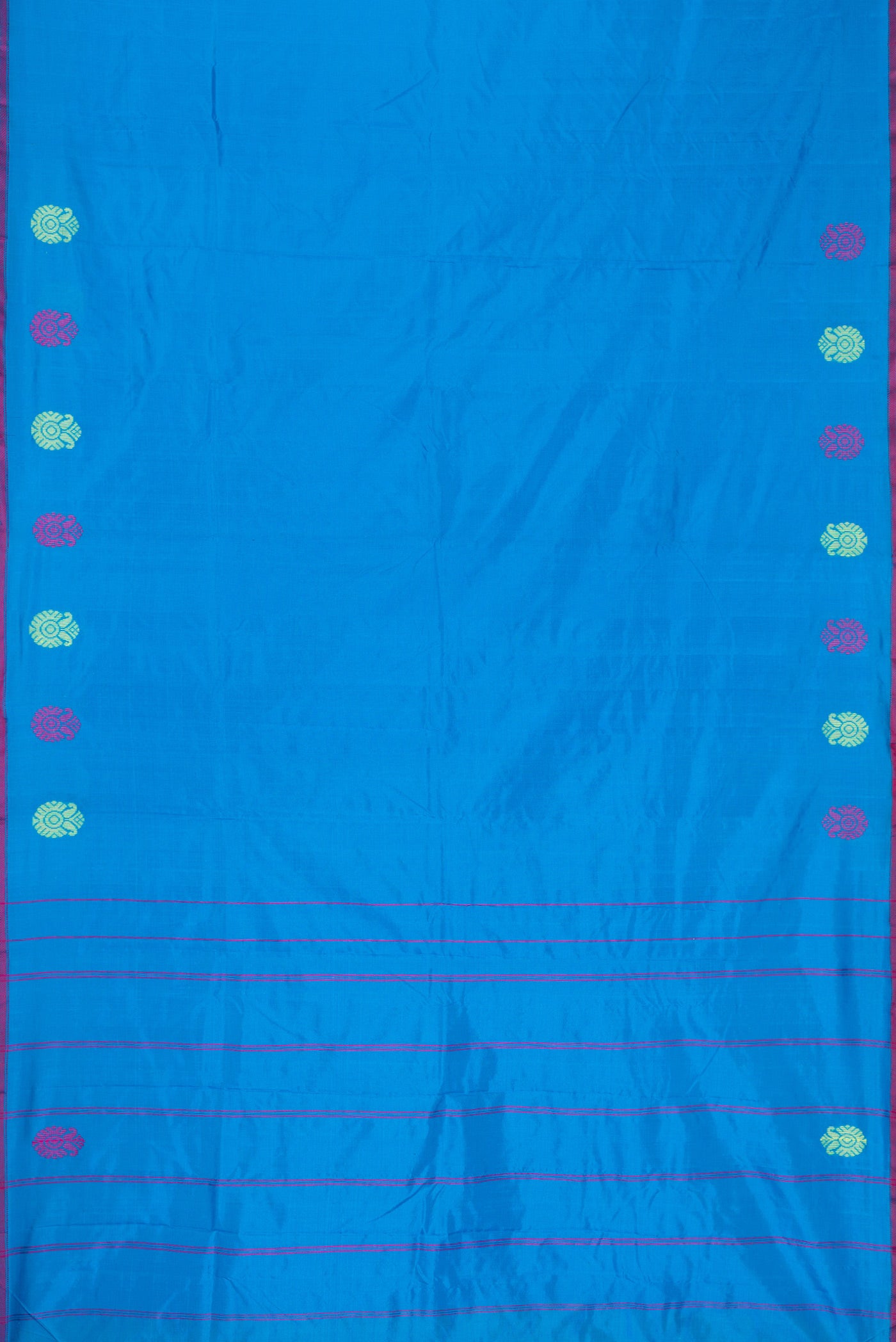 Flat view of Sky Blue Dual Tone Kanchipuram Silk Nine Yards Saree with Thread Butta on the body and Thread Border. 