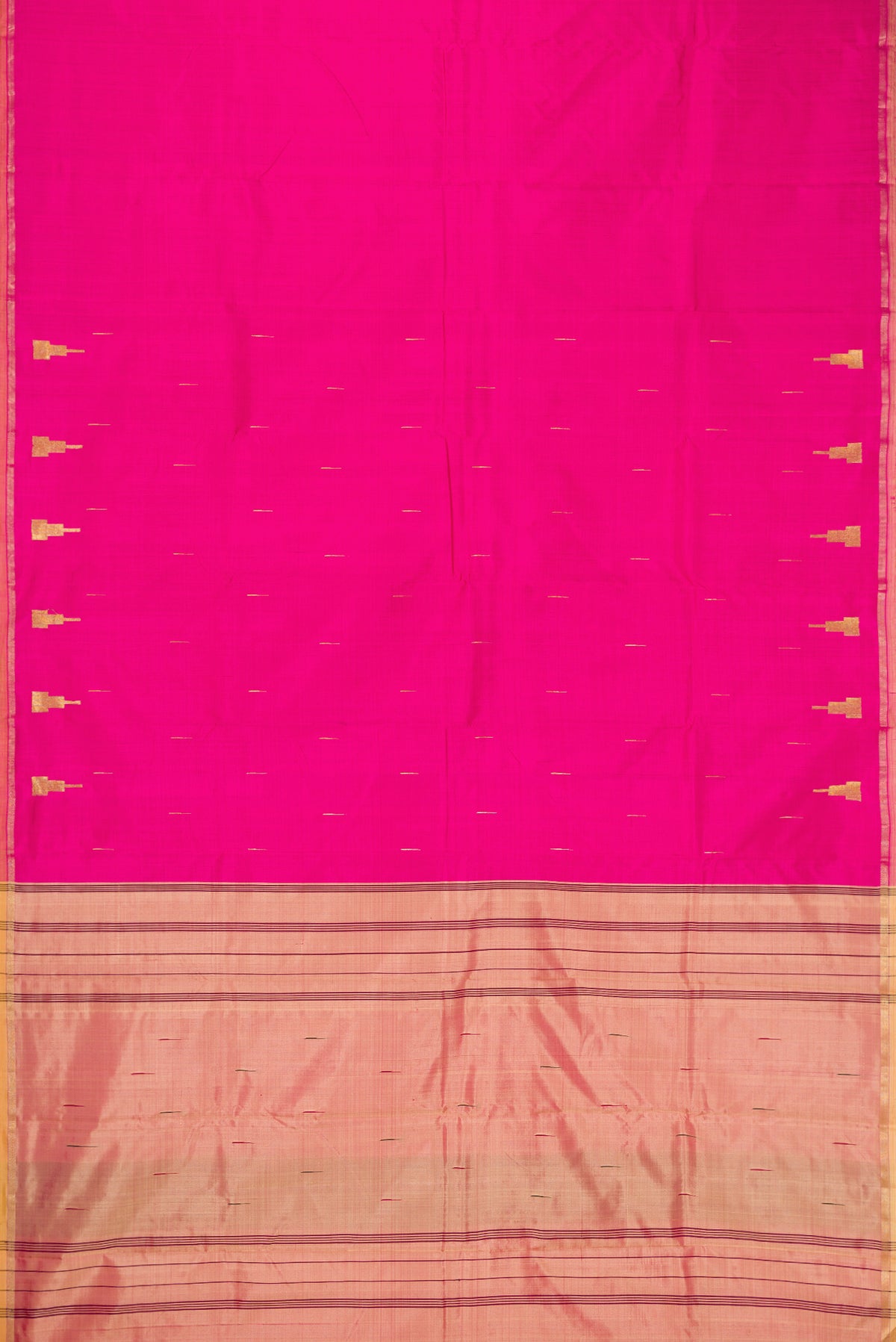 Flat view of Pink Dual Tone Kanchipuram Silk Saree with Plain Body and Zari Border. 