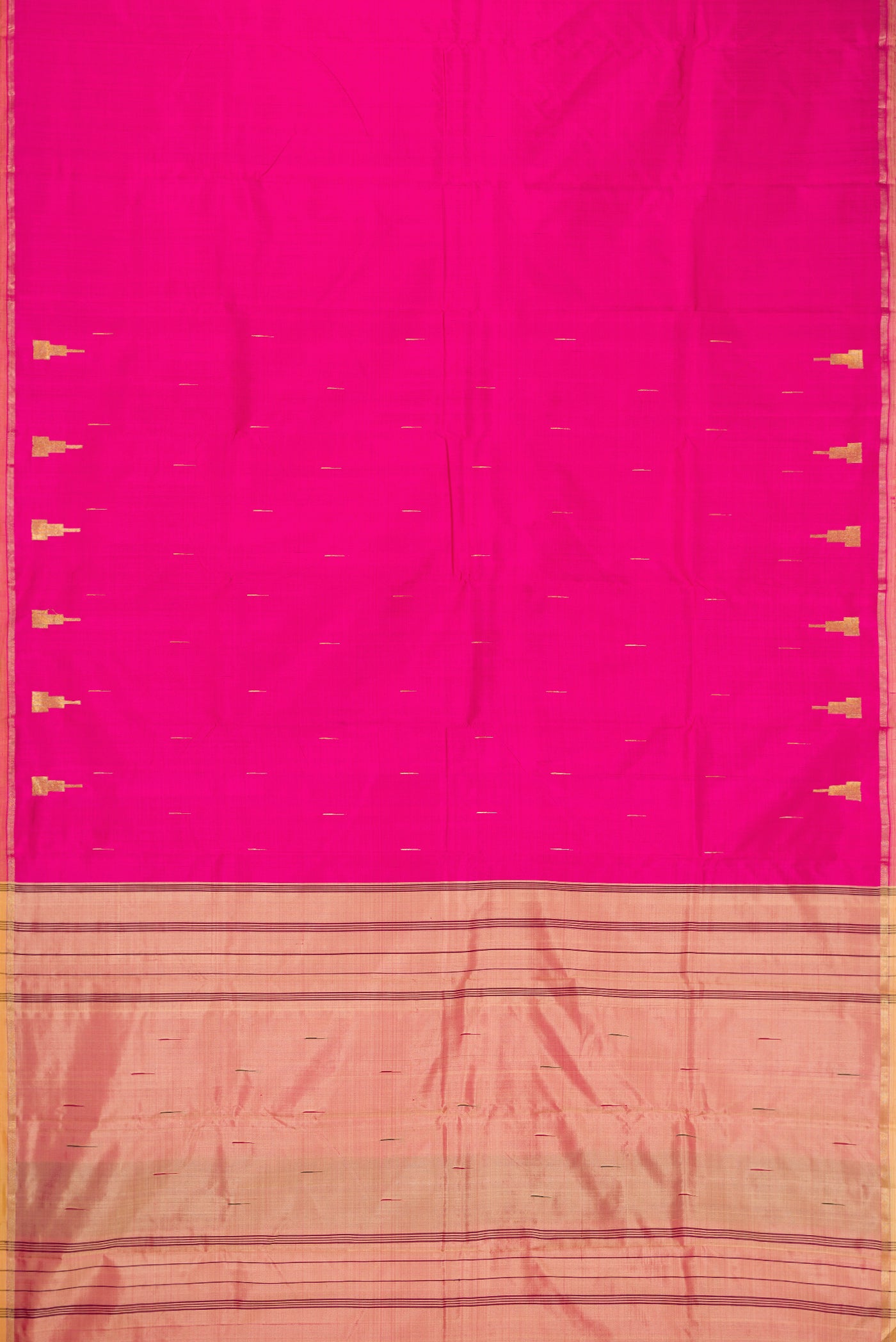 Pink Dual Tone Kanchipuram Silk Saree with Plain Body and Zari Border.  displayed on a mannequin