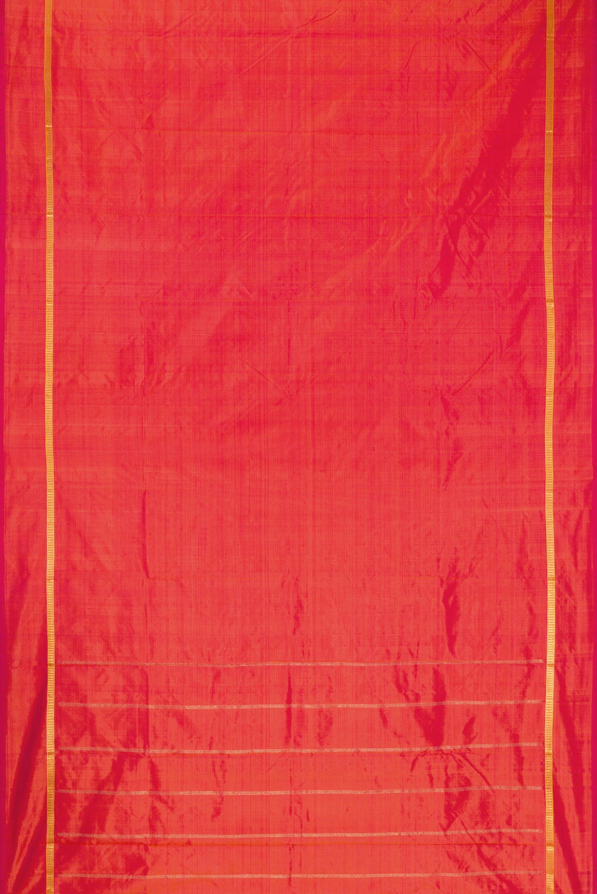 Flat view of Coral Dual Tone Kanchipuram Silk Saree with Plain Body and Zari Border. 