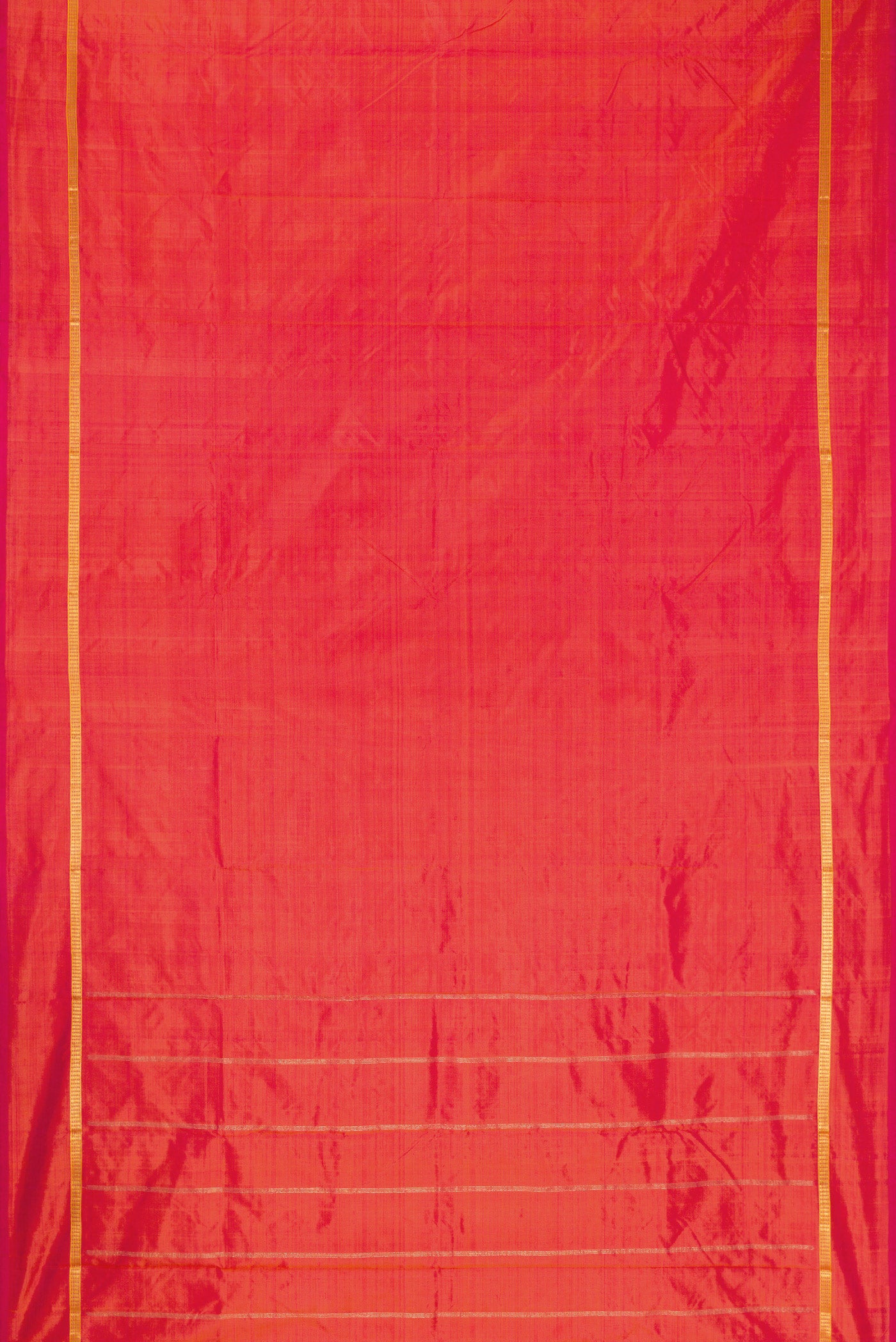 Coral Dual Tone Kanchipuram Silk Saree with Plain Body and Zari Border.  displayed on a mannequin