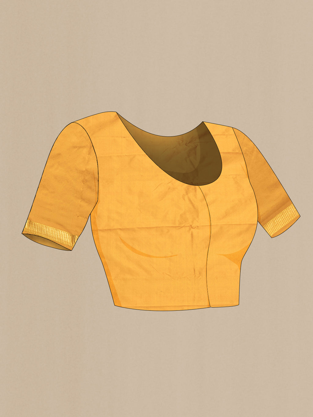 Close up image of the blouse of Mustard Kanjivaram Silk Saree with Plain Body and Zari Border. 