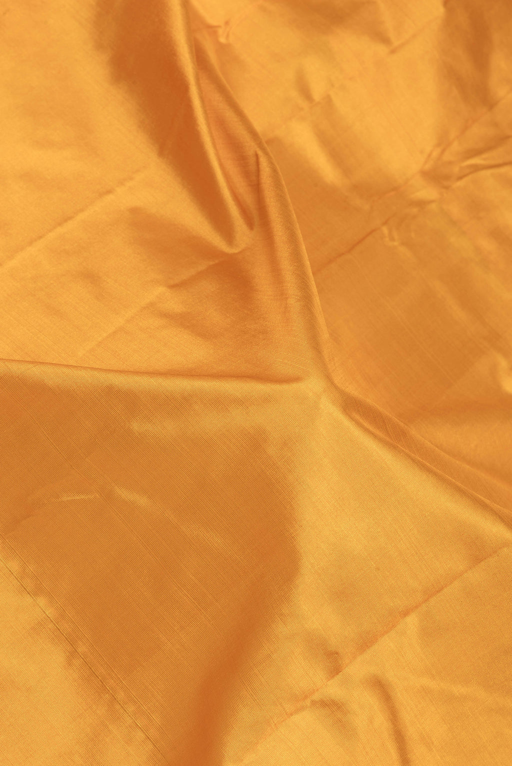 Close up of Mustard Kanjivaram Silk Saree with Plain Body and Zari Border.  displaying folds