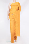 Mustard Kanjivaram Silk Saree with Plain Body and Zari Border.  displayed on a mannequin