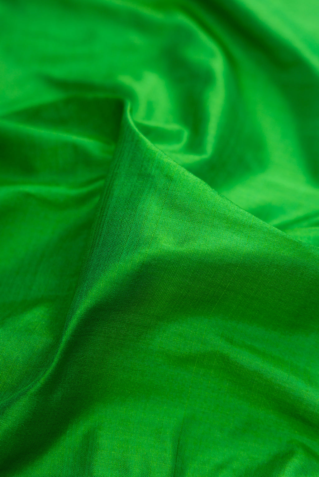 Close up of Green Dual Tone Kanjivaram Silk Saree with Plain Body and Zari Border.  displaying folds