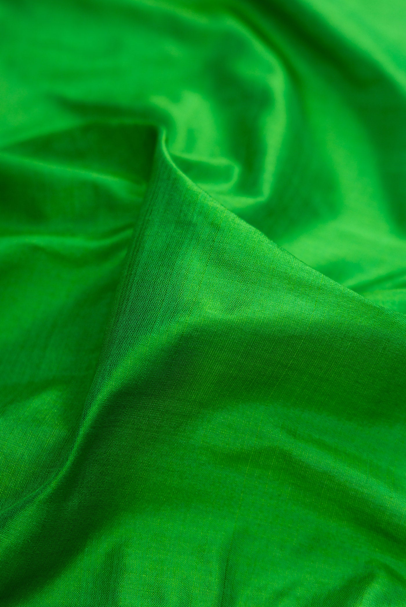 Close up of Green Dual Tone Kanjivaram Silk Saree with Plain Body and Zari Border.  displaying folds