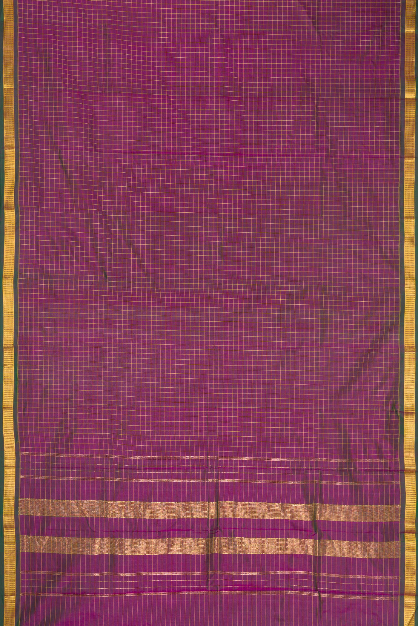 Flat view of Purple Dual Tone Kanjivaram Silk Nine Yards Saree with Checked design on the body and Zari Border. 