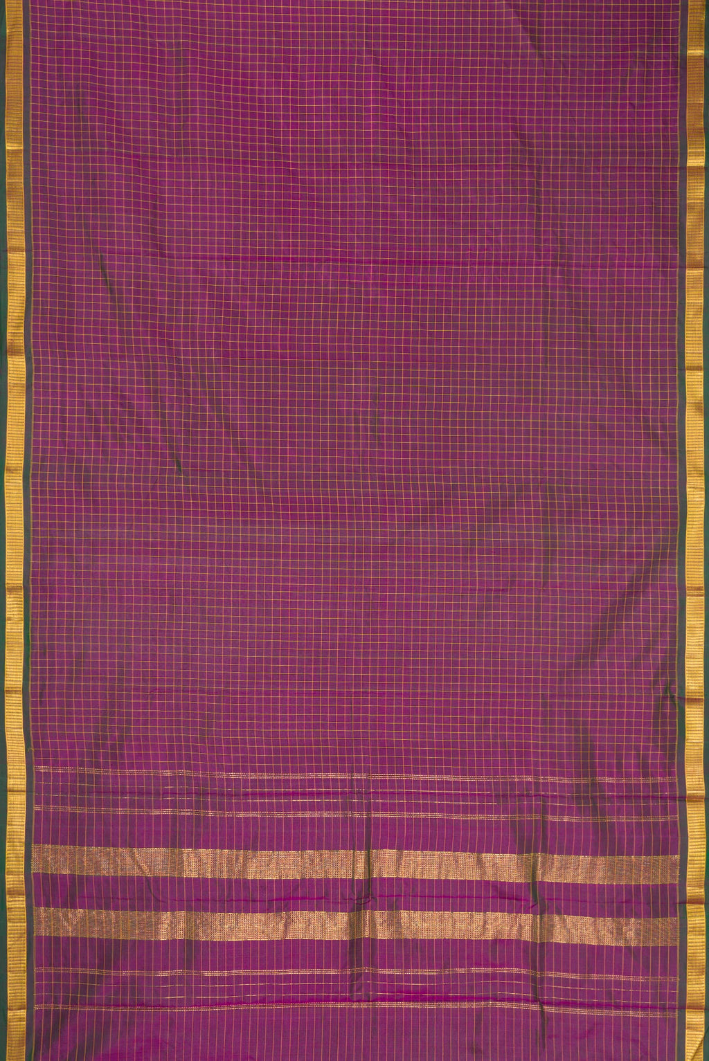 Purple Dual Tone Kanjivaram Silk Nine Yards Saree with Checked design on the body and Zari Border.  displayed on a mannequin