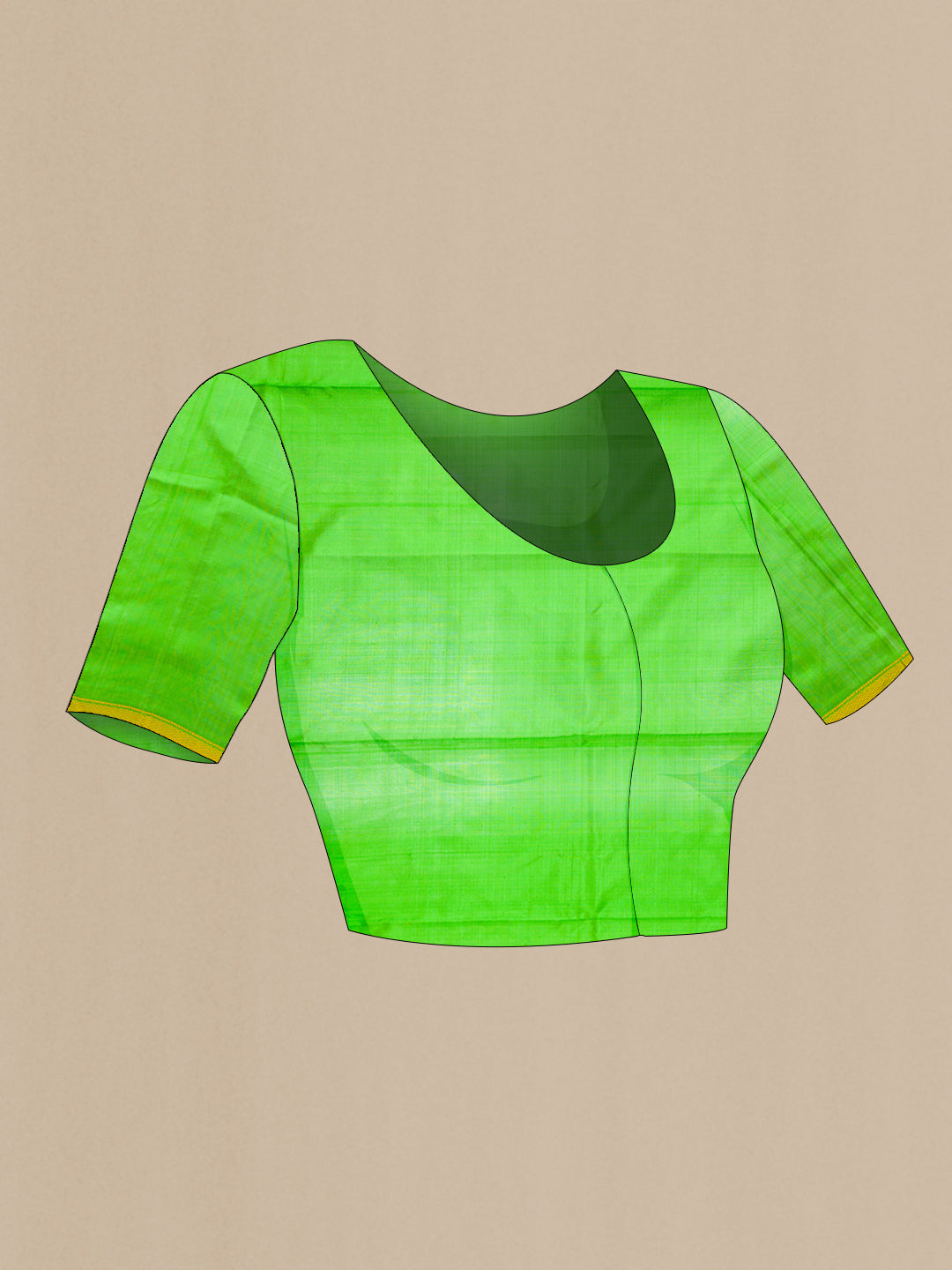Close up image of the blouse of Green Dual Tone Kanchipuram Silk Saree with Plain Body and Thread Border. 