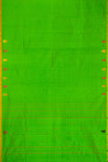 Green Dual Tone Kanchipuram Silk Saree with Plain Body and Thread Border.  displayed on a mannequin