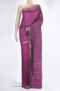 Pure Silk Purple Dual Tone Kanchipuram Saree with Plain Body and Zari Border.  displayed on a mannequin
