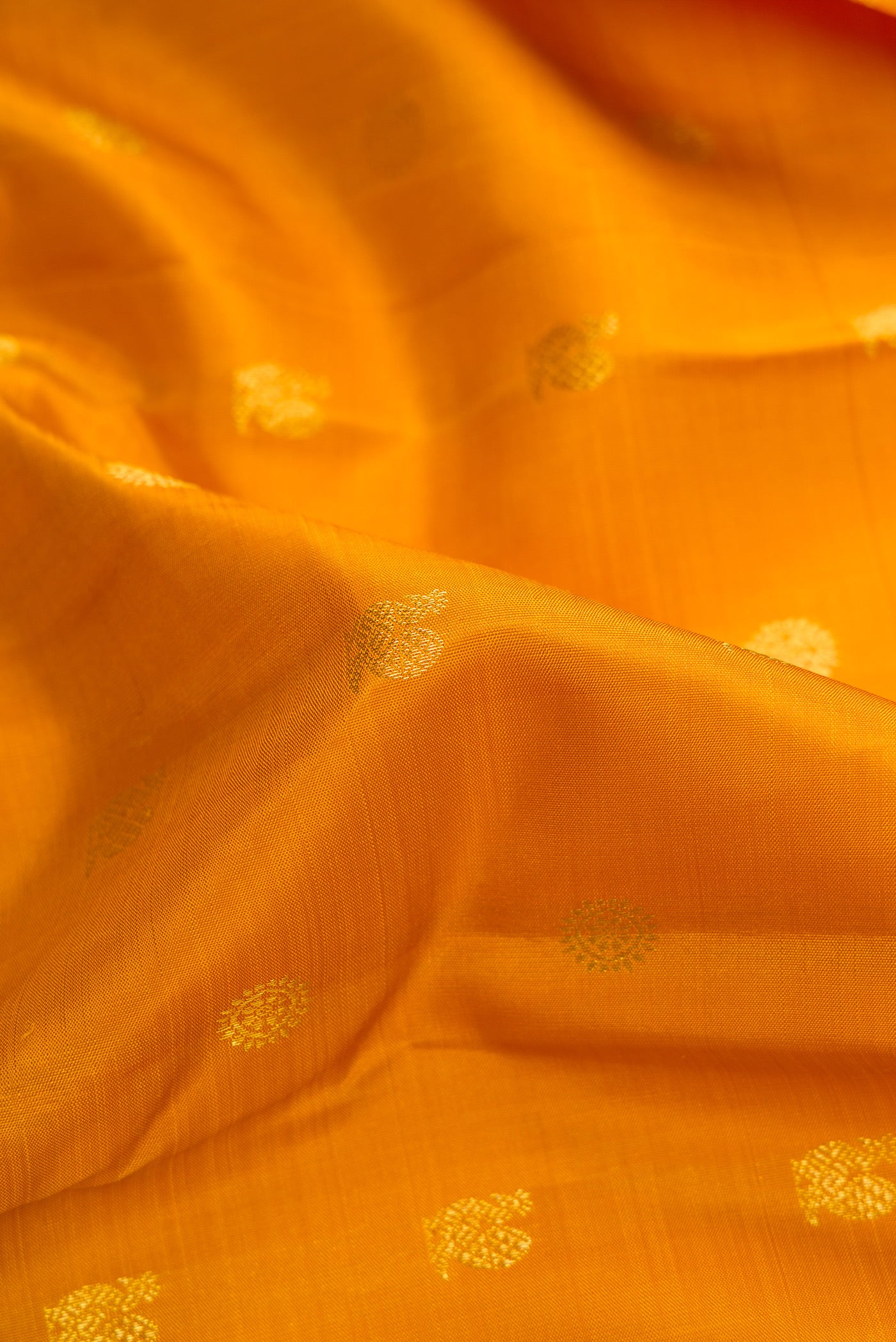 Close up of Mustard Dual Tone Kanjivaram Silk Saree with Zari Butta on the body and Zari Border.  displaying folds