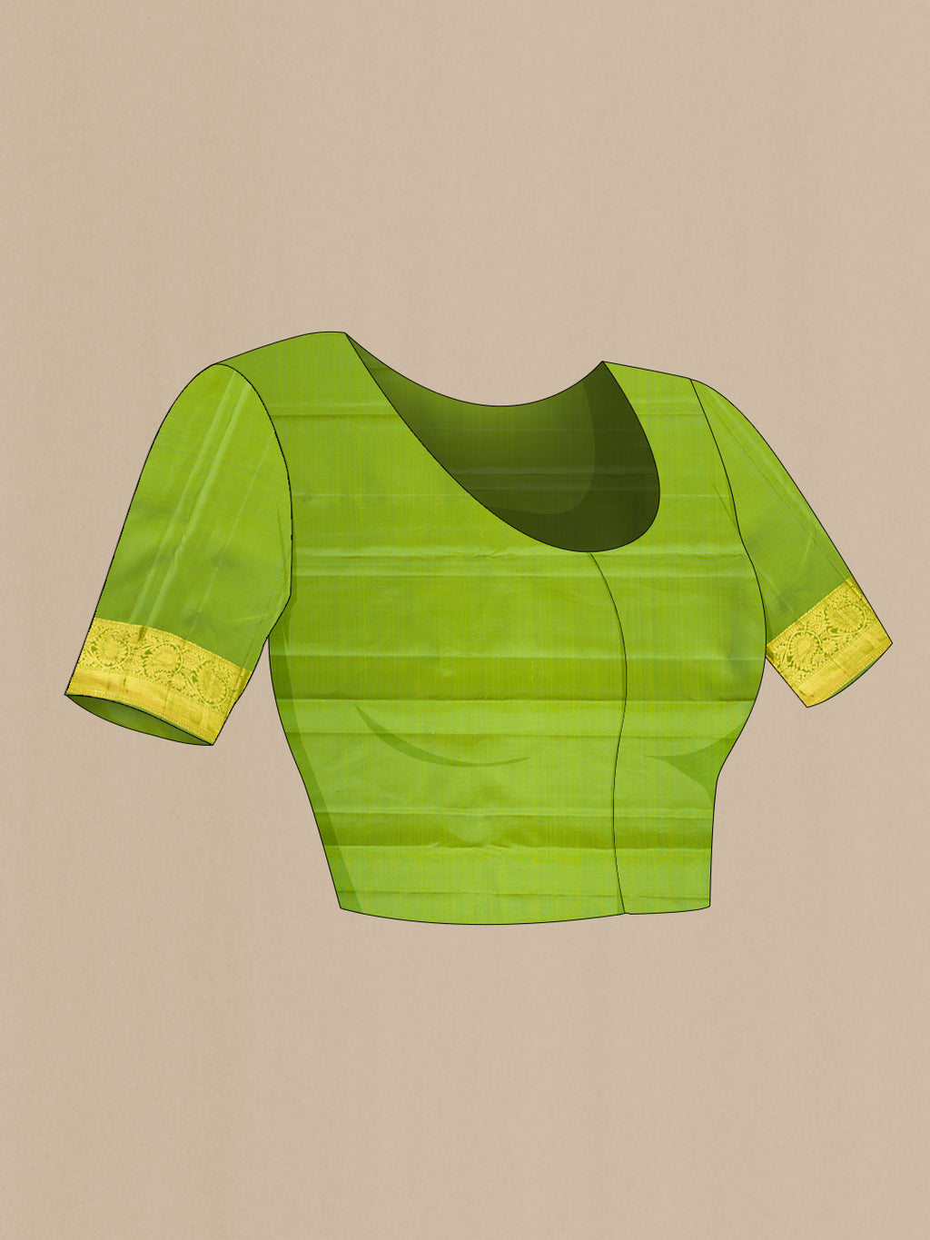 Close up image of the blouse of Light Green Dual Tone Kanjivaram Silk Saree with Zari Butta on the body and Zari Border. 