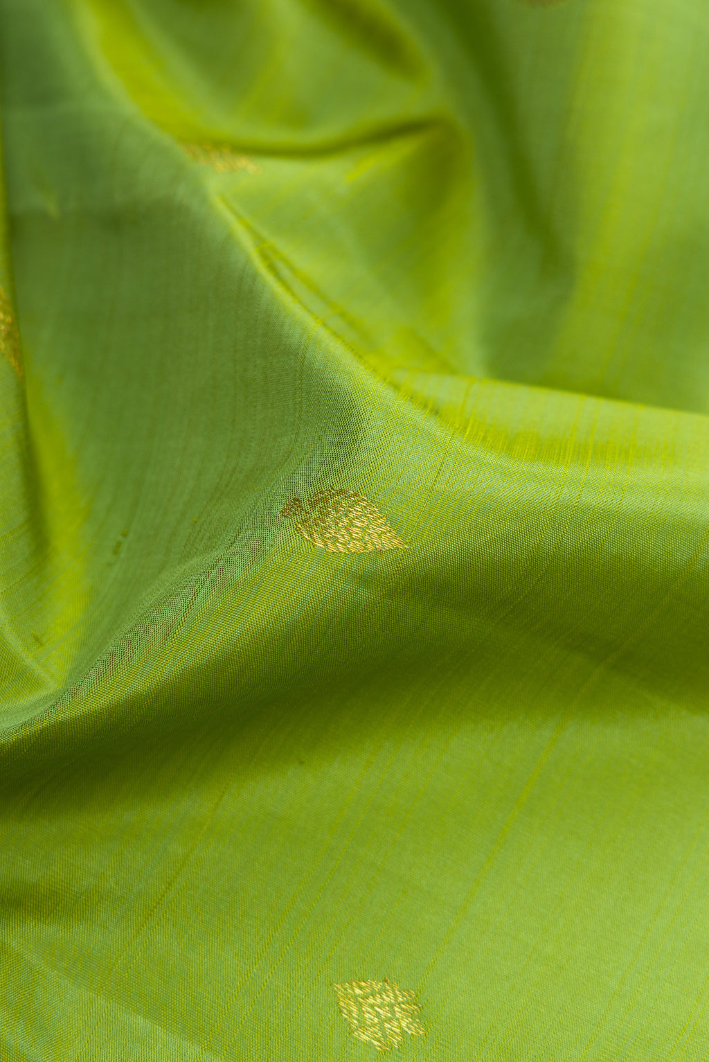Close up of Light Green Dual Tone Kanjivaram Silk Saree with Zari Butta on the body and Zari Border.  displaying folds