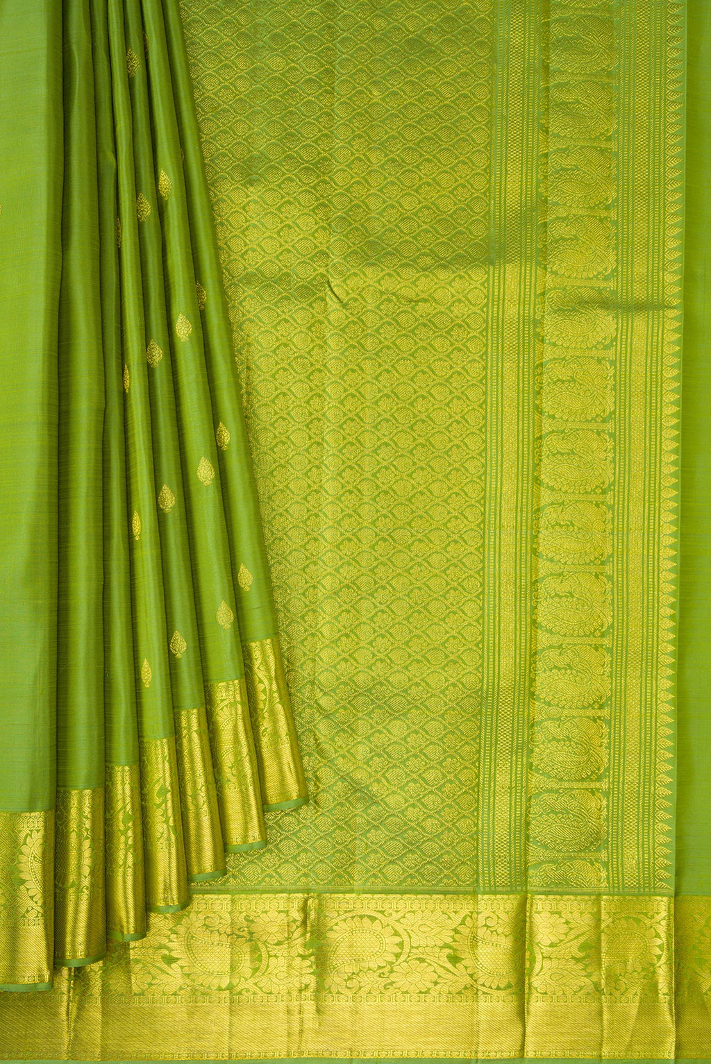 Pleats and pallu of Light Green Dual Tone Kanjivaram Silk Saree with Zari Butta on the body and Zari Border. 