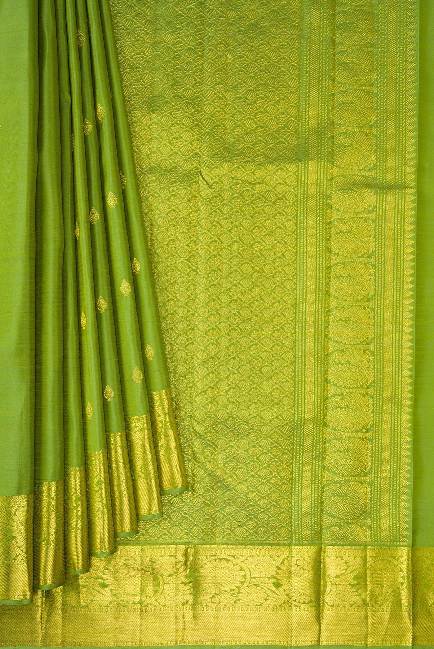 Pleats and pallu of Light Green Dual Tone Kanjivaram Silk Saree with Zari Butta on the body and Zari Border. 
