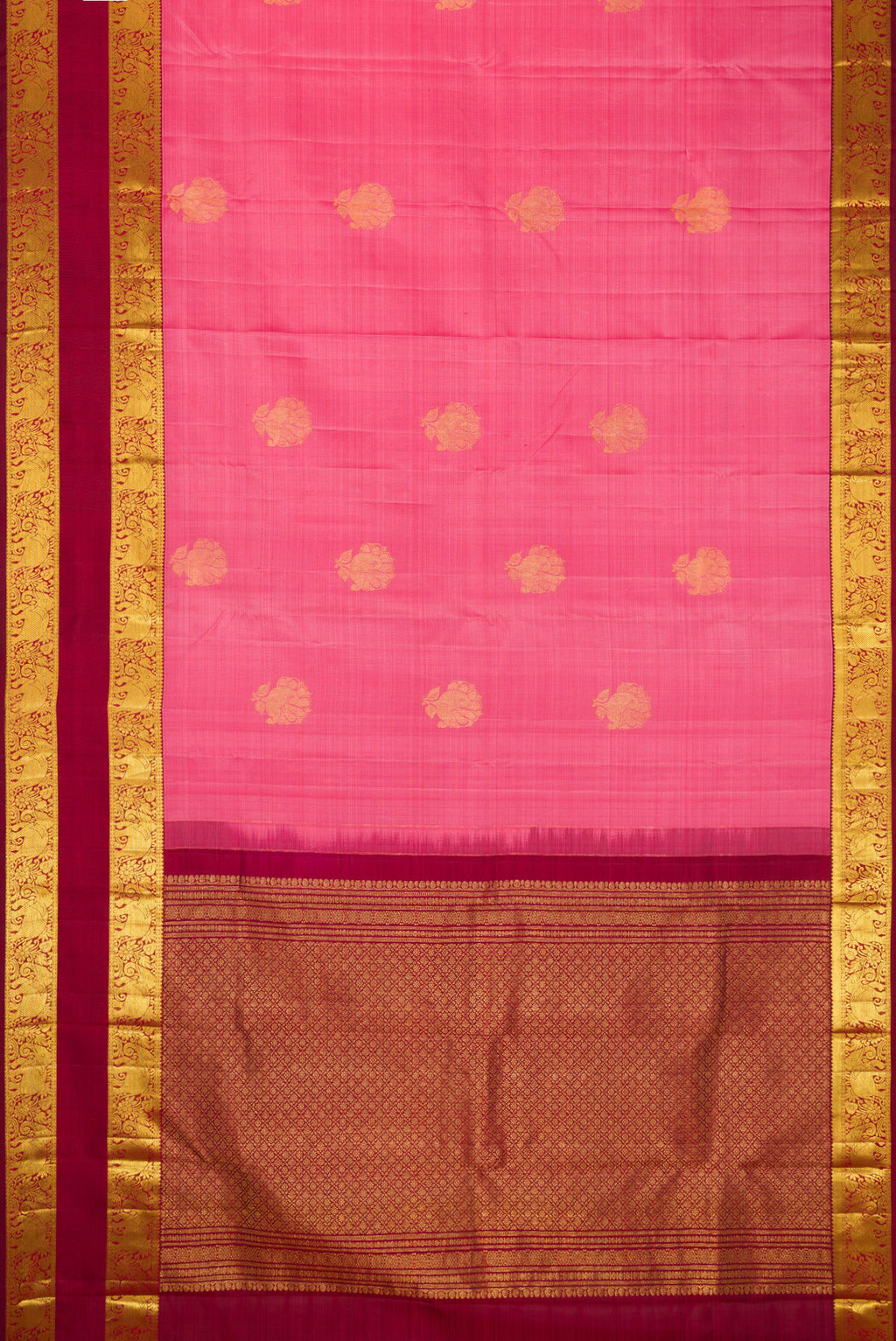 Flat view of Pink Dual Tone Kanchipuram Silk Saree with Zari Butta on the body and Zari Border. 