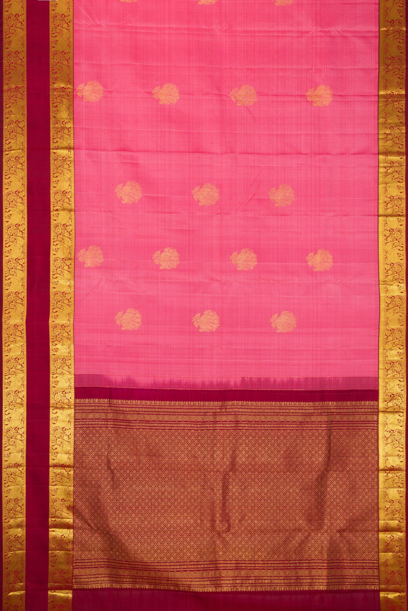 Flat view of Pink Dual Tone Kanchipuram Silk Saree with Zari Butta on the body and Zari Border. 