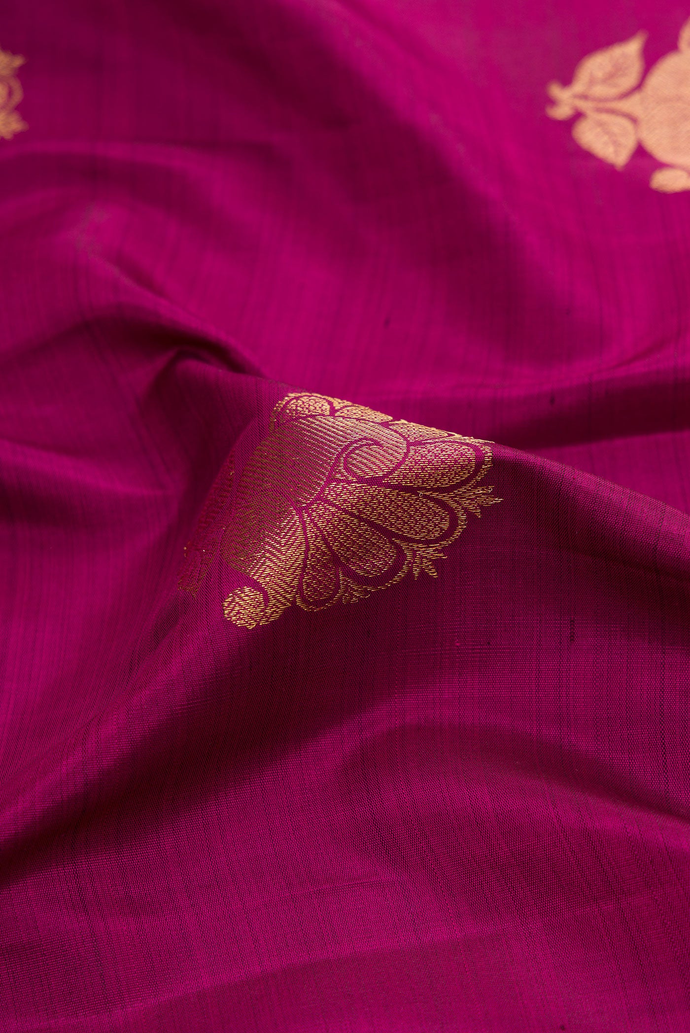 Close up of Magenta Dual Tone Kanchipuram Silk Saree with Zari Butta on the body and Zari Border.  displaying folds
