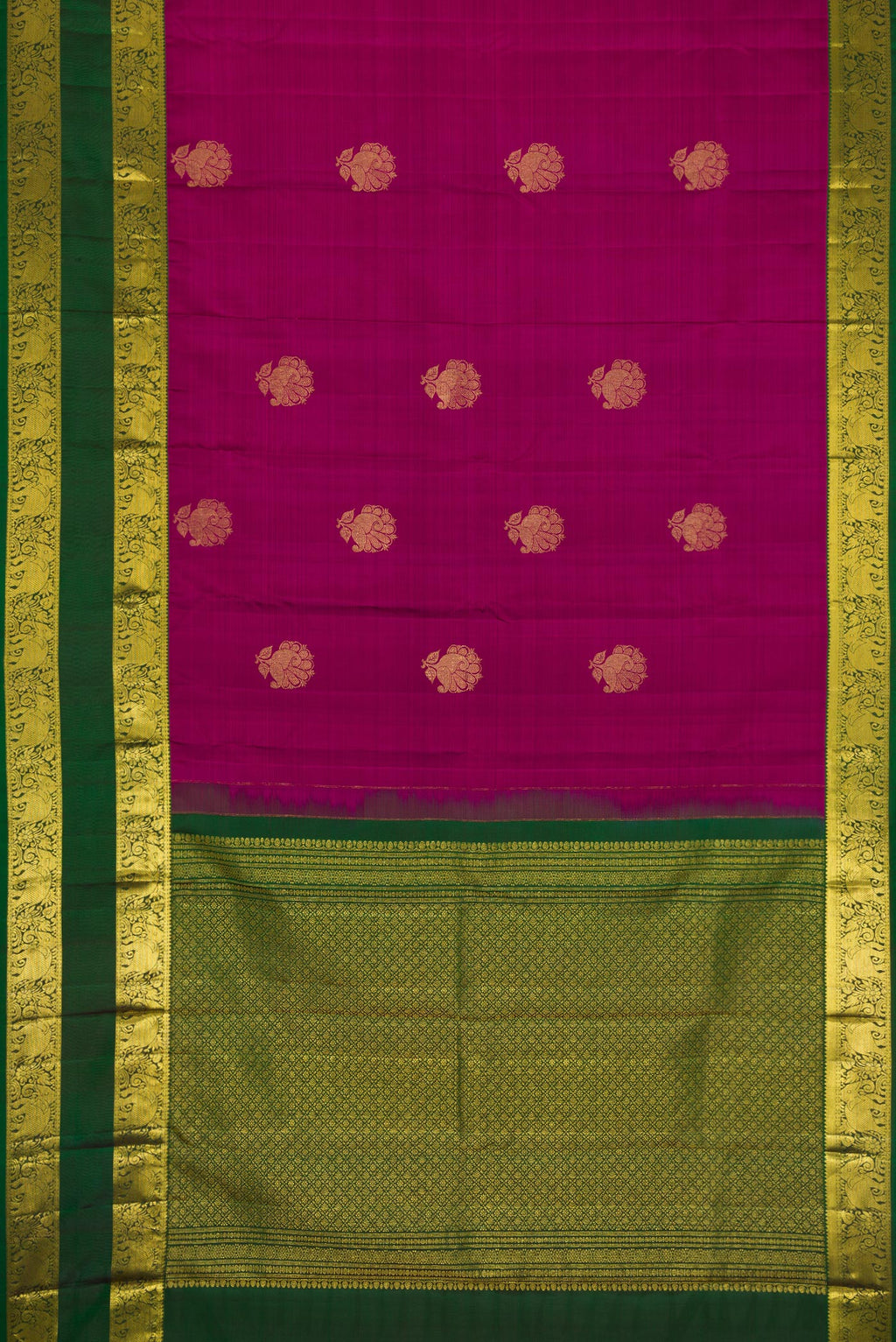 Flat view of Magenta Dual Tone Kanchipuram Silk Saree with Zari Butta on the body and Zari Border. 