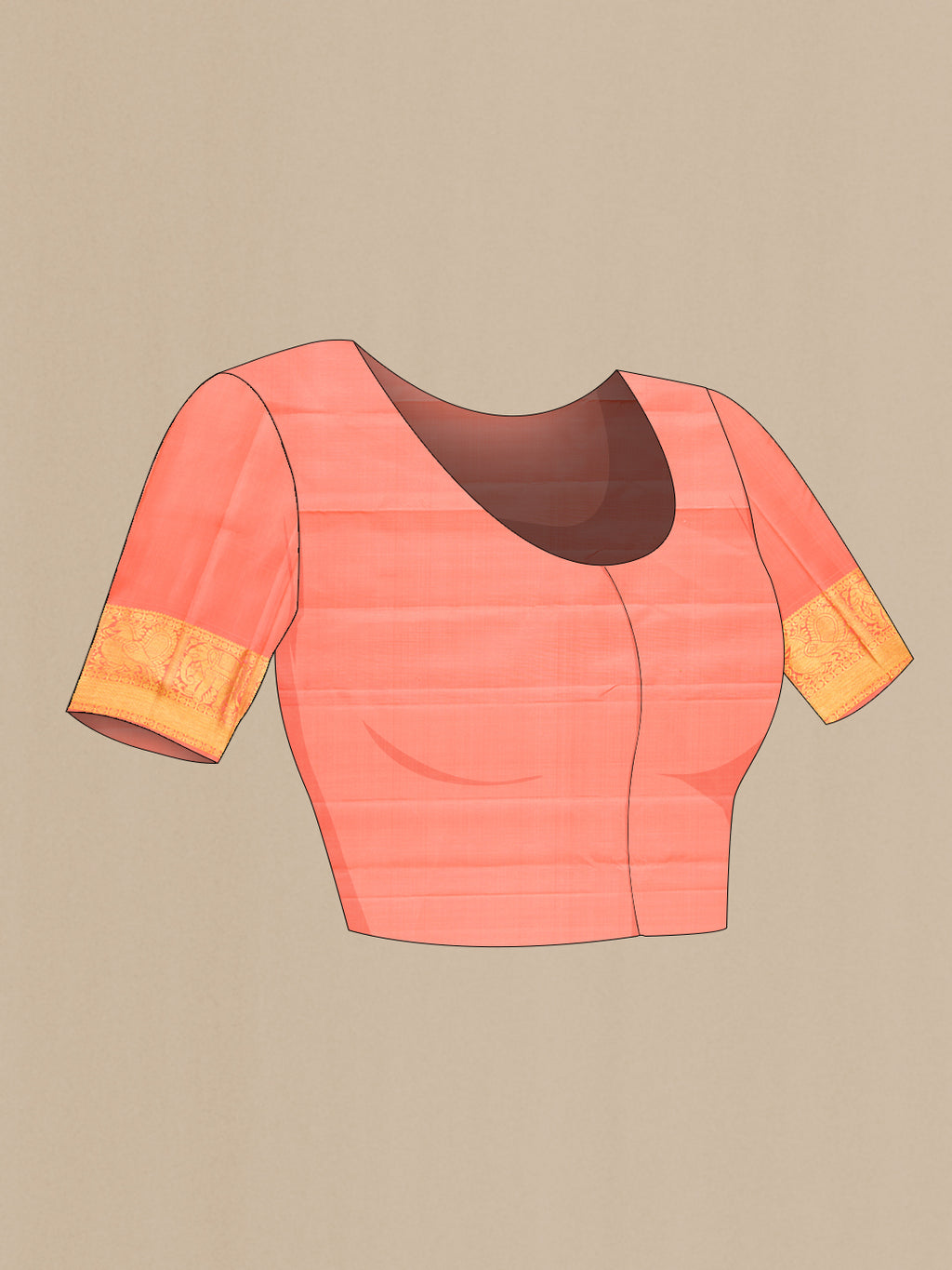 Close up image of the blouse of Peach Dual Tone Kanjivaram Silk Saree with Zari Butta on the body and Zari Border. 