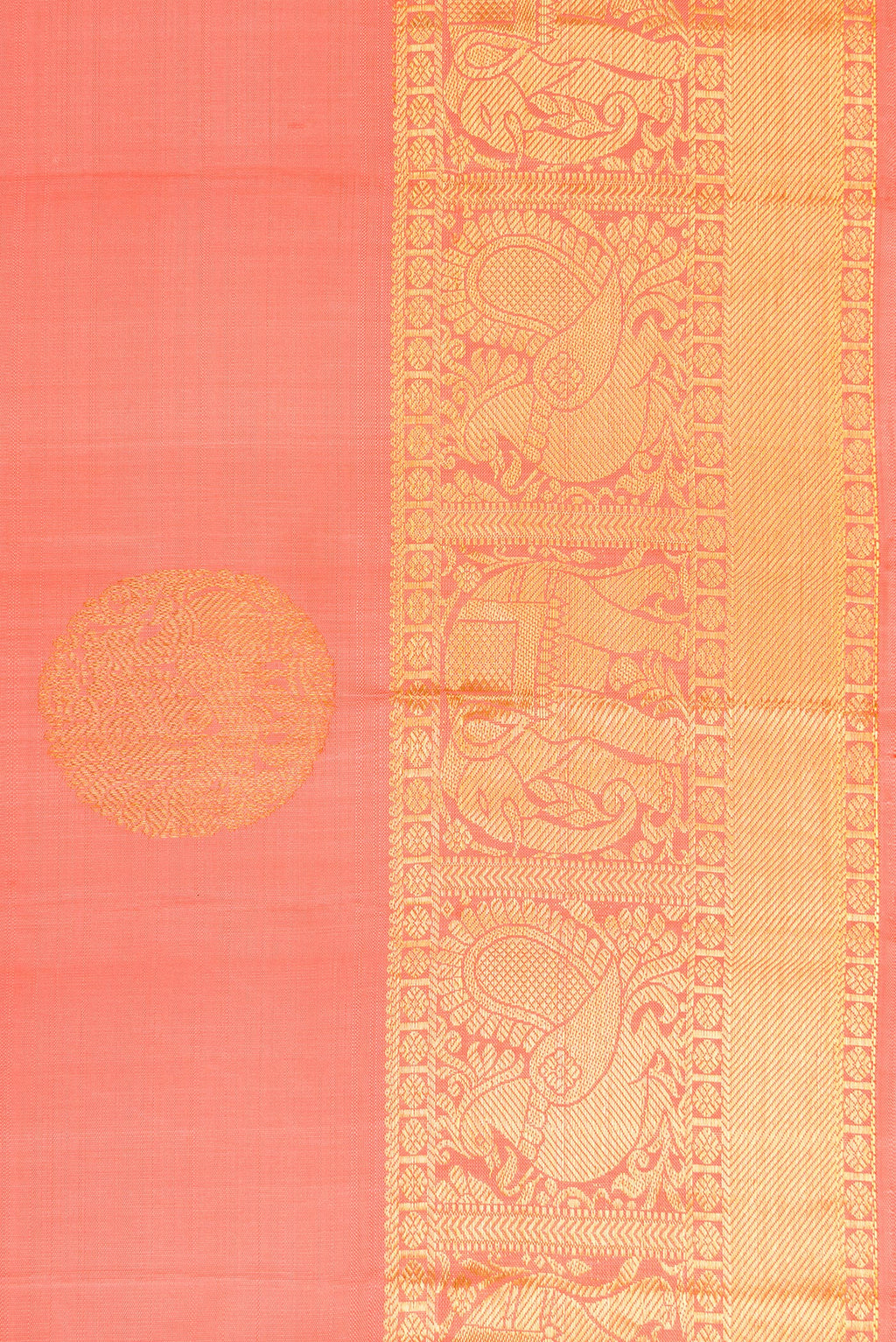 Border image of Peach Dual Tone Kanjivaram Silk Saree with Zari Butta on the body and Zari Border. 