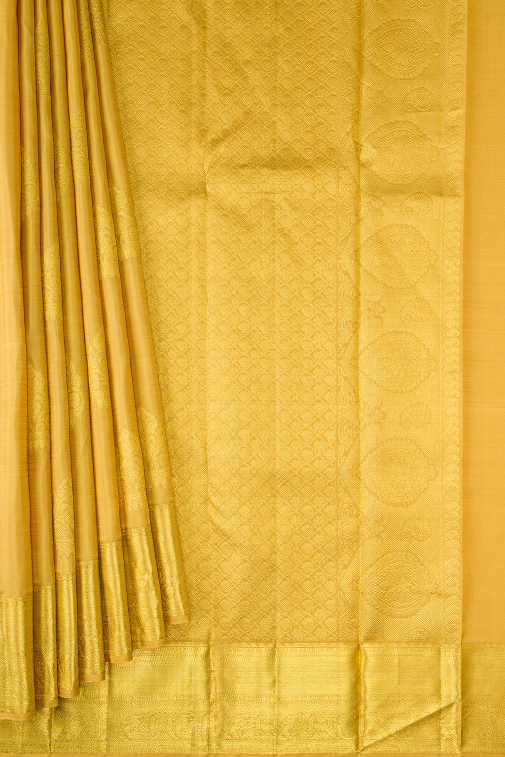 Pleats and pallu of Gold Dual Tone Kanjivaram Silk Saree with Zari Butta on the body and Zari Border. 