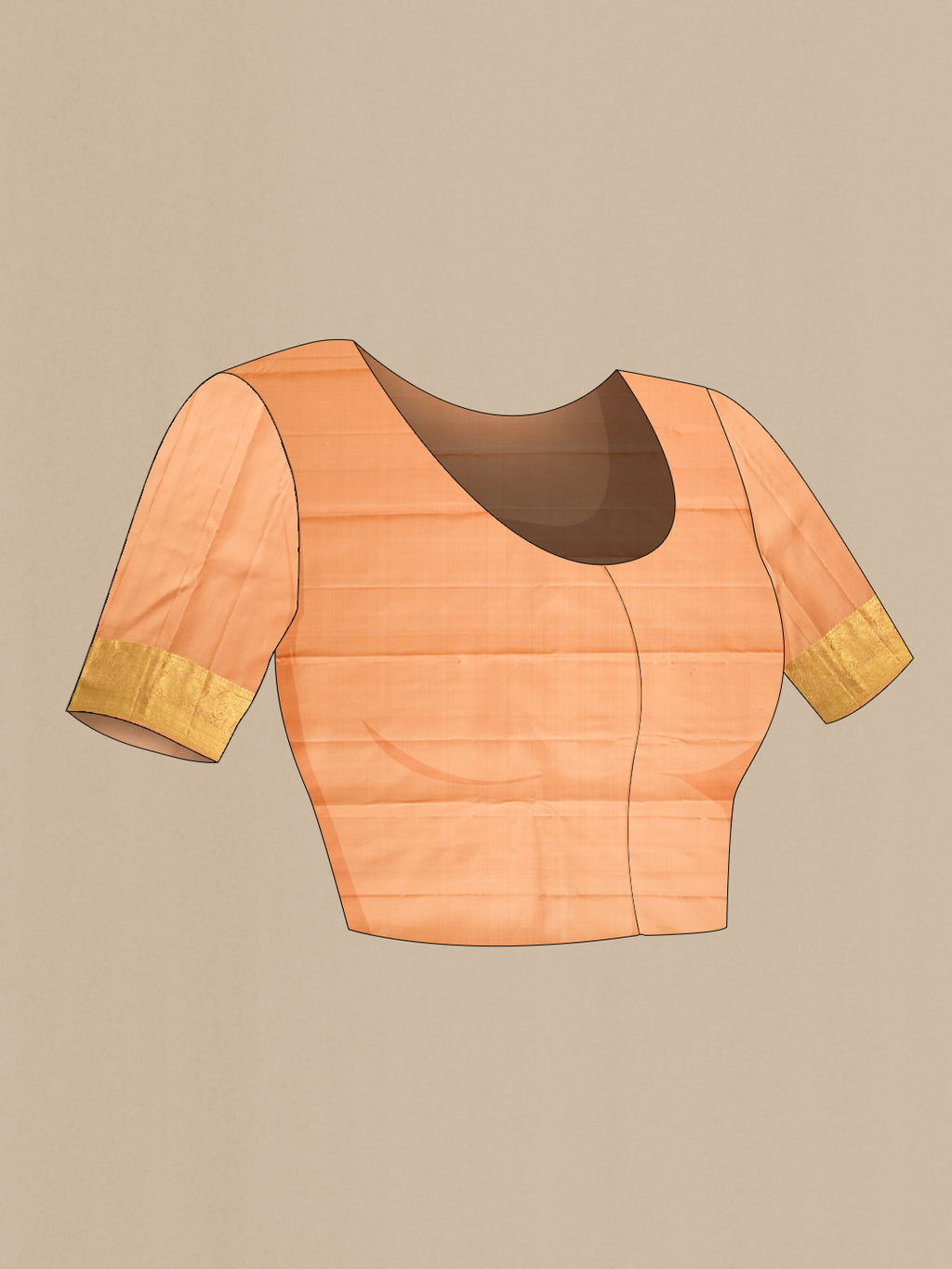 Close up image of the blouse of Peach Dual Tone Kanjivaram Silk Saree with Zari Butta on the body and Zari Border. 
