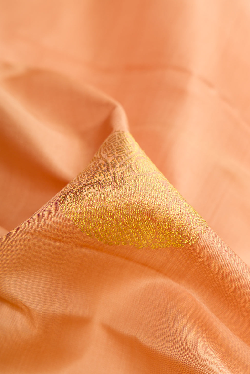 Close up of Peach Dual Tone Kanjivaram Silk Saree with Zari Butta on the body and Zari Border.  displaying folds