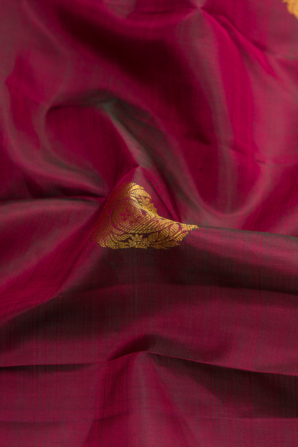 Close up of Burgundy Dual Tone Kanjivaram Silk Saree with Zari Butta on the body and Zari Border.  displaying folds